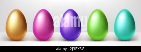 Colorful Easter eggs row, isolated gold, pink, purple, green and blue 3d vector objects on white background. Painted shiny chicken eggs, holiday decor Stock Vector