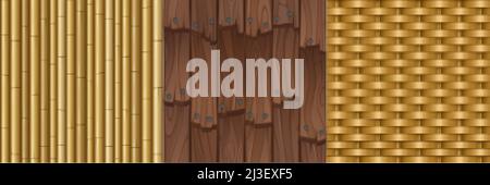 Textures with wooden boards, bamboo sticks and wicker. Vector cartoon set of seamless patterns with woven rattan, old roof tile with wood planks and n Stock Vector
