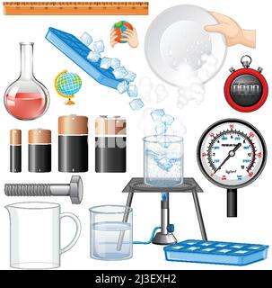 Different science equipments on white background illustration Stock Vector