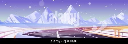 Car overpass road, frozen lake, snow and mountains on horizon. Vector cartoon illustration of winter landscape with highway bridge, ice on river, whit Stock Vector