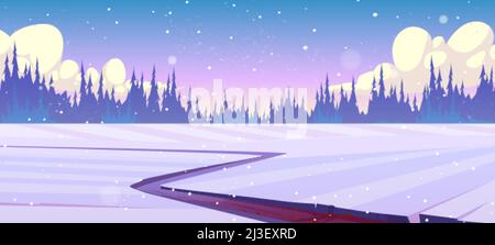 Rural landscape with fields, road and coniferous forest in winter. Vector cartoon illustration of countryside with path in snow and trees silhouettes Stock Vector