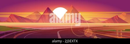 Car overpass road on lake shore with mountains and sun on horizon at sunset. Vector cartoon illustration of summer landscape with highway bridge, rive Stock Vector