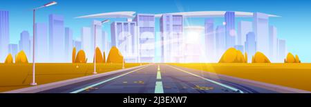 Car road to city with houses and skyscrapers on skyline. Vector cartoon illustration of autumn landscape with empty highway, street lights, orange gra Stock Vector