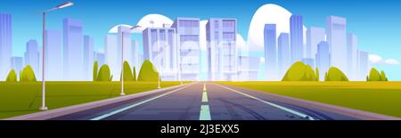 Road to city with buildings and skyscrapers on skyline. Vector cartoon illustration of summer landscape with empty highway, street lights, green grass Stock Vector