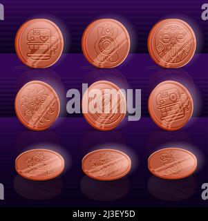 Set of Mayan or Aztec coins, copper or red gold money with tribal animals and idols. Ui or gui game assets, ancient Peruvian civilization vector signs Stock Vector