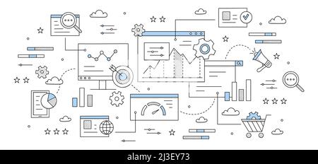 SEO optimization abstract business background with doodle icons. Diagram, magnifier, document, cogwheel and target with arrow, loudspeaker, gears, pc Stock Vector