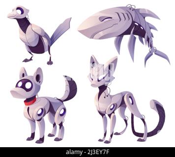 Mechanical animals, dog, cat, shark and bird robots. Vector cartoon set of futuristic mechanic pets, metal animals cyborgs, cute electronic machines i Stock Vector