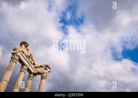 An abstract, against sky view of the re-assembled corner of the temple of Trajan. At the ancient hilltop late Greek city of Pergamon, near Bergama, Tu Stock Photo