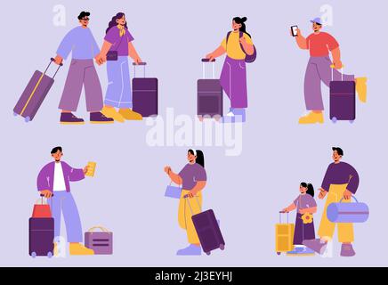 People with luggage, tourists travel with bags. Set of male and female characters traveling. Family couple, parent with kid, happy men and women walk Stock Vector