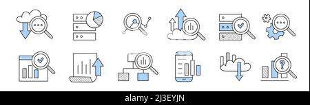 Data analysis doodle icons set. Information cloud storage, magnifying glass, graph, arrow and envelope. Server, cogwheels and documents, smartphone wi Stock Vector