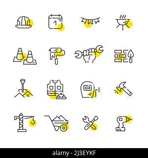 Labor day celebration and workers unity icons. Construction hat, bbq, hammer and other. Pixel perfect, editable stroke line art icons Stock Vector