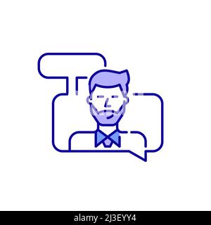 Young man in a shirt and tie having a conversation. Pixel perfect, editable stroke blue and purple icon Stock Vector