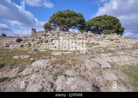 Trees grow on the foundation of the famous Altar of Zeus. The altar fragments are in a Berlin, Germany museum. At the ancient hilltop late Greek city Stock Photo