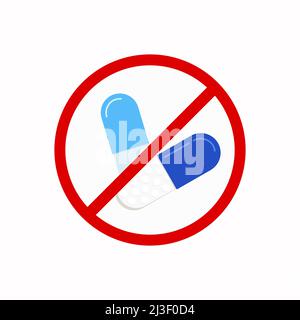 Medicine pills in red warning sign vector icon isolated on white background. Stock Vector