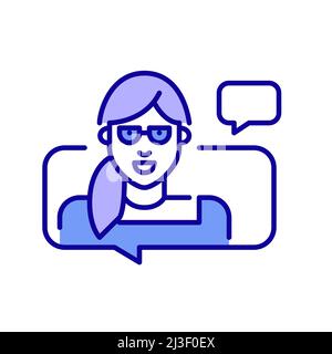 Girl in glasses chatting. Pixel perfect, editable stroke blue and purple art icon Stock Vector