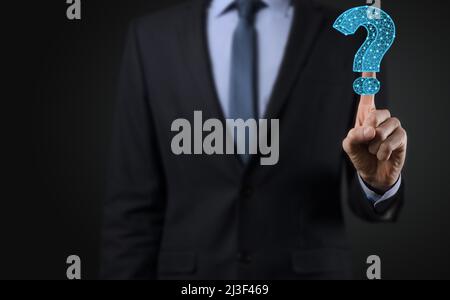 Question mark. 3d abstract on dark background with dots and stars. Ask symbol. Help support, faq problem symbol, think education concept, confusion se Stock Photo