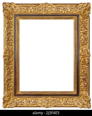 Old rectangular vintage wooden golden frame, isolated on white background Stock Photo