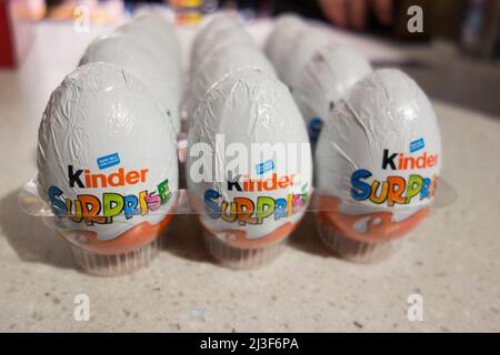 London, England, UK. 8th April 2022. A pack of Kinder Surprise eggs on a shop counter after recall over fears of Salmonella food poisoning. Stock Photo