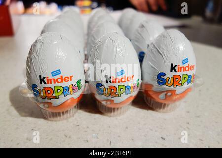 London, England, UK. 8th April 2022. A pack of Kinder Surprise eggs on a shop counter after recall over fears of Salmonella food poisoning. Stock Photo