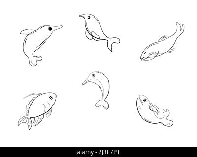Doodle underwater fish aquarium icon cartoon comic silhouette abstract background vector illustration Stock Vector