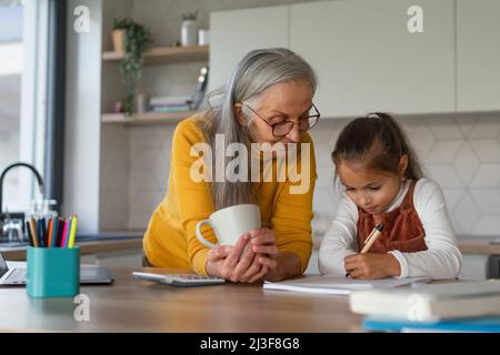 Small girl with senior grandmother doing homework at home. Stock Photo