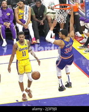 Chase Centre, CA, 7th April 2022: Golden State Warriors Vs Los Angeles Lakers. Warriors Porter No 32 secures a point and finally Warriors won by 128-112 against LA Lakers Credit: Seshadri SUKUMAR/Alamy Live News Stock Photo