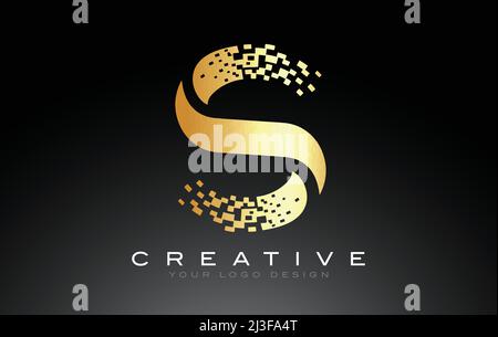 S Initial Letter Logo Design with Digital Pixels in Black Golden rs. Stock Vector