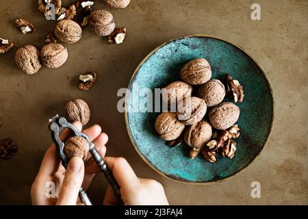 Woman's hands peeling walnuts with a nutcracker on a table, overhead view Stock Photo