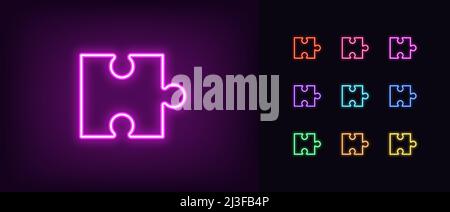 Outline neon puzzle piece icon. Glowing neon jigsaw puzzle part, app addition pictogram. Business solution, game challenge, gaming plugin and addon. V Stock Vector
