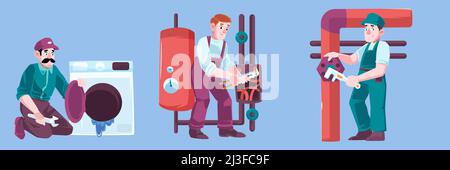 Plumbers service, plumbing maintenance concept. Vector set of flat illustrations with handyman repairs pipes and boiler with wrench, professional repa Stock Vector