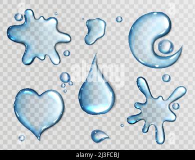 Water spills isolated on transparent background. Vector realistic set of liquid puddles in shape of heart, blob and Yin Yang, clear water drops, pure Stock Vector