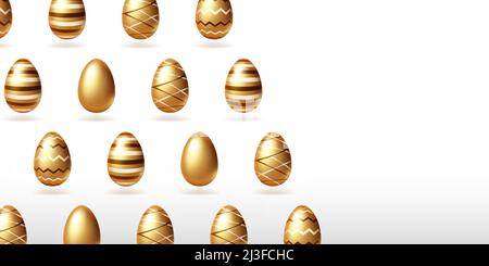 Gold eggs on white background with copy space. Happy Easter banner, invitation or greeting card template with golden decorated egg rows. Spring holida Stock Vector