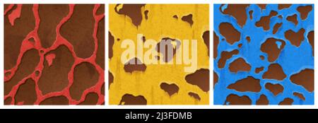 Rusty metal texture with holes, rust game design. Vector seamless background covered with red, yellow and blue paints and ferruginous spots on rough m Stock Vector