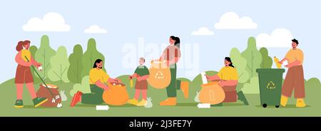 People collect and sorting waste in park. Vector flat illustration of volunteers collecting trash in bags and bin for recycle. Summer landscape with w Stock Vector