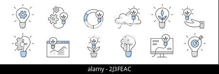 Idea icons, doodle business signs light bulbs with cogwheel, chart, sprout, lightbulb with brain, cloud, target with arrow, human hand holding glowing Stock Vector