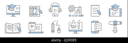 Online education doodle icons pc desktop with academic cap, pointer and files folders or textbook, smartphone with headset and play button, laptop wit Stock Vector