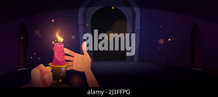 Hand holding candle in dark dungeon or medieval castle at night. Vector cartoon illustration of human hands with candlestick with burning fire in old Stock Vector