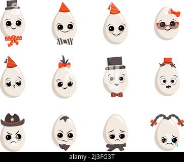 Cute egg character with happy or sad emotions, panic, loving or brave face, hands and legs. Festive decoration for Easter. A mischievous culinary hero. Vector flat illustration Stock Vector