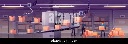 Factory warehouse with conveyor belt, automated robots, workers and cardboard boxes on shelves and pallets. Vector cartoon illustration of storage roo Stock Vector