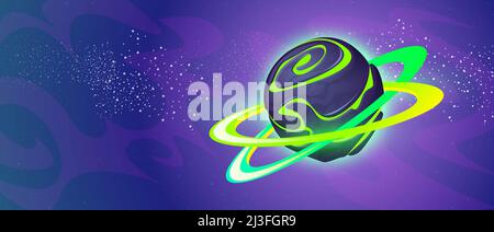 Fantasy alien planet with rings in outer space. Vector cartoon illustration of magic world, asteroid or planet with spiral texture surface on backgrou Stock Vector