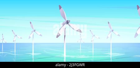 Offshore farm with windmills in water, alternative wind energy generation with turbines in sea or ocean, renewable green sustainable power, save plane Stock Vector