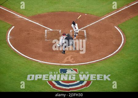 April 07, 2022: Atlanta Braves first baseman Matt Olson runs out onto the  field during player introductions before the start of a MLB game against  the Cincinnati Reds at Truist Park in