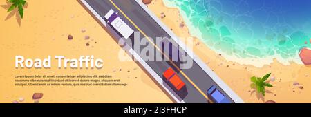 Road traffic cartoon banner with cars top view, straight two lane highway along sea beach with sand and palm trees. Overhead background with vehicles Stock Vector
