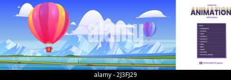 Nature scene with flying hot air balloon, lake and mountains on horizon. Cartoon landscape with rocks and airships with basket fly over river. Vector Stock Vector