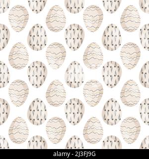 Happy Easter seamless pattern with eggs. Print of the Christian Spring Holiday. Festive decoration drawn in black and gold lines with abstract elements on white background. Vector flat illustration Stock Vector