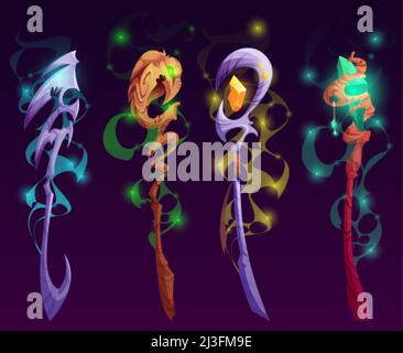 Set of magic staff, wands or walk sticks with glow gems, crystals, birds head and mystical haze. Magician weapon rods for sorcerers spell or battle, r Stock Vector