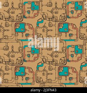 Steampunk pattern, doodle mechanisms and pipes, black contour hand drawing. Vector illustration Stock Vector
