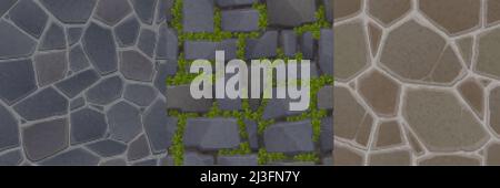 Game stone textures, seamless patterns of pavement, wall with rocks ivy ...