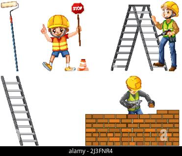 Set of construction site objects and workers illustration Stock Vector