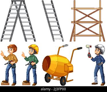Set of construction site objects and workers illustration Stock Vector